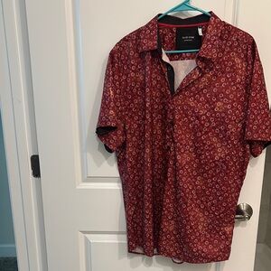 Casual Red Button Down Shirt with Subtle Pattern